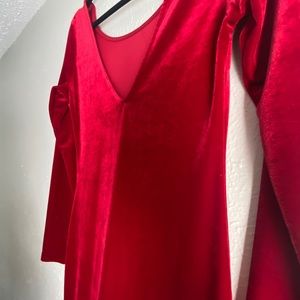 Red velvet V cut back dress.
